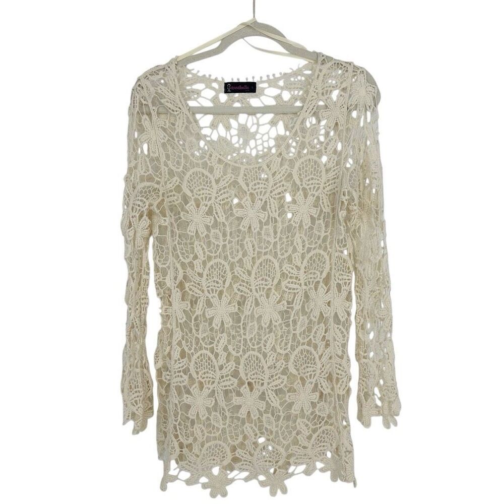 Annabelle Women’s L Crochet Top Long Sleeve Cotton Ivory Western Cowgirl Boho